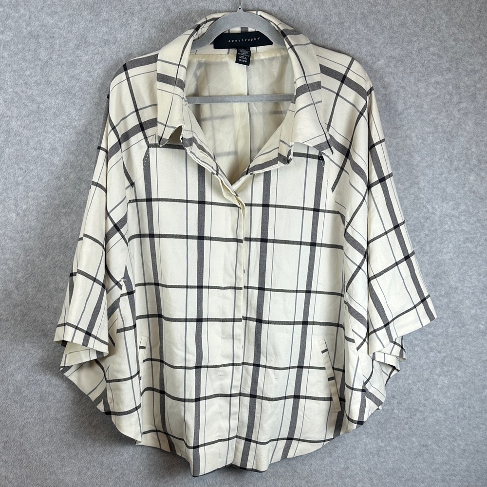 Apostrophe Women's Size 16/18W Cream and Black Plaid Button-Down Cape Top